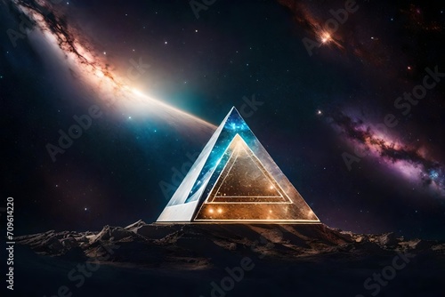 surreal space glowing pyramid , outerspace pyramid portal, nebulas and stary sky