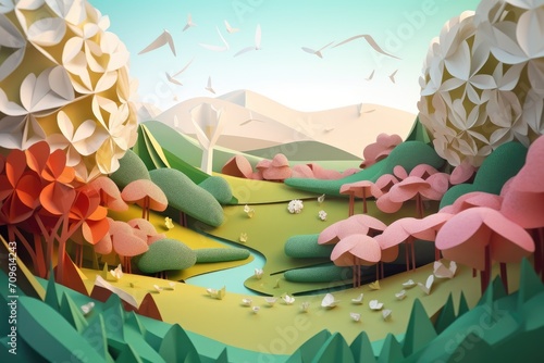 paper landscape. paper cut-out landscape background. eco concept. paper craft for children's room, © zamuruev