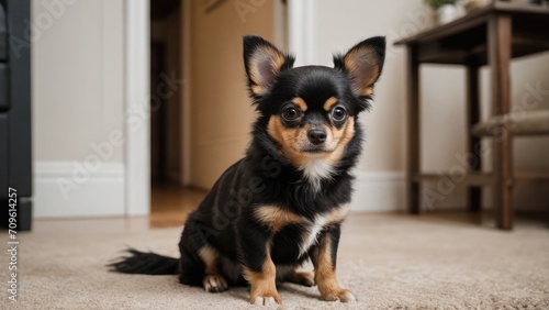 Black and tan long coat chihuahua dog in the living room