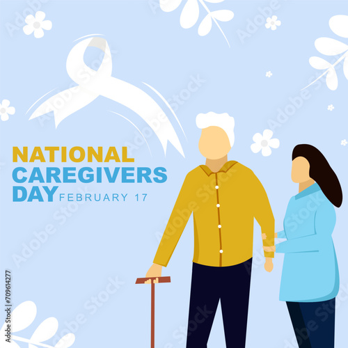 National Caregiver Day is celebrated on February 17. flat style greeting card or social media poster design. vector illustration