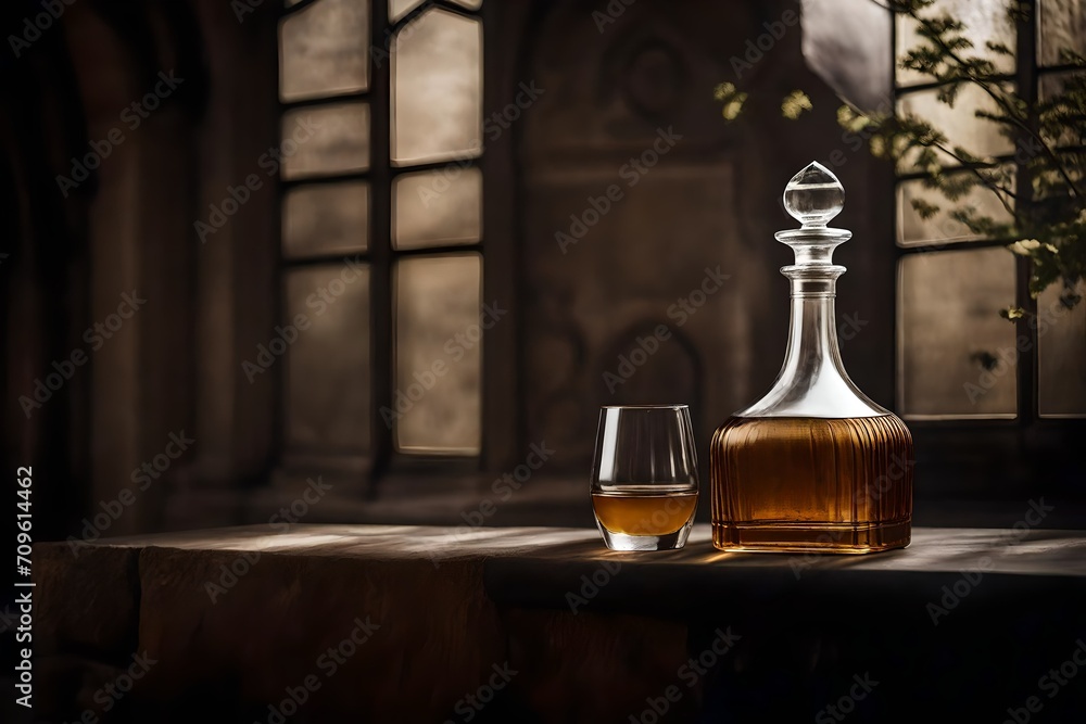 luxury liquor bottle decanter presentation , old stone castle interior background
