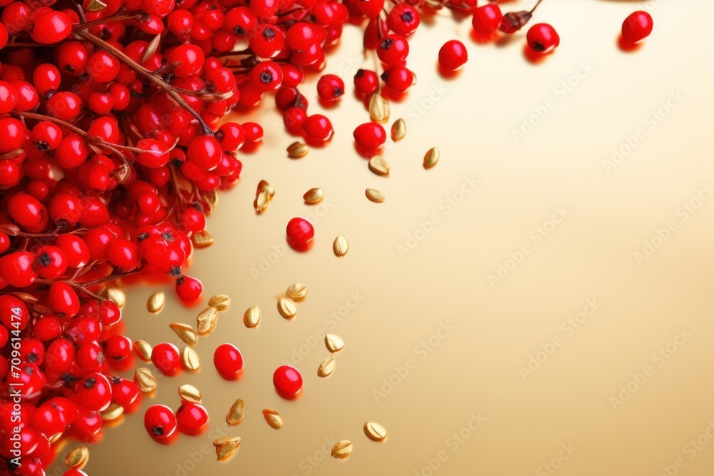 a bunch of red berries sitting on top of a table next to a pile of gold sprinkles. a bunch of red berries sitting on top of a table next to a pile of gold sprinkles.