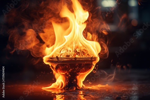  a fire burning inside of a metal bowl on top of a fire pit with flames coming out of the top of the bowl.