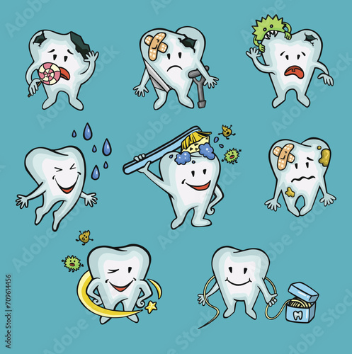 set of dental hygiene characters teeth fullcolor vector