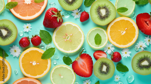 An assortment of vibrant, fresh fruits and berries with a splash of water on a bright aqua background.