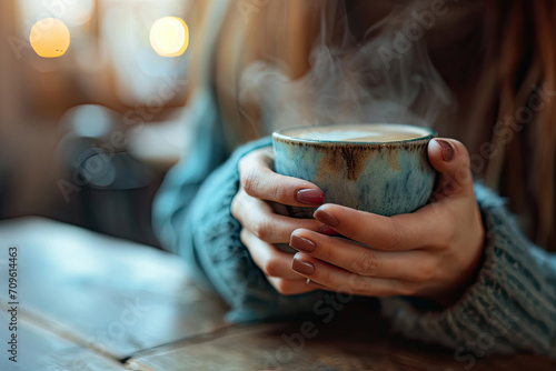Woman holding cup of coffee in cafe. Close up of female hands with hot drink photo