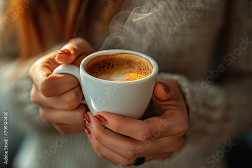 Woman holding cup of coffee in cafe. Close up of female hands with hot drink