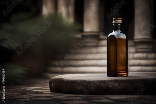 luxury liquor bottle decanter presentation ,bottle on ancient stone wall