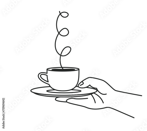 Hand holding cup of hot coffee. Illustration in outline style.