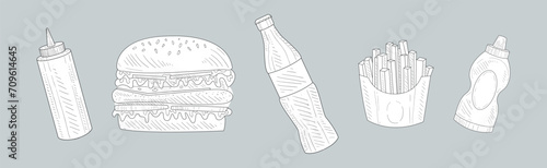 Hand Drawn Fast Food with Ketchup, French Fries, Hamburger and Coke Vector Set
