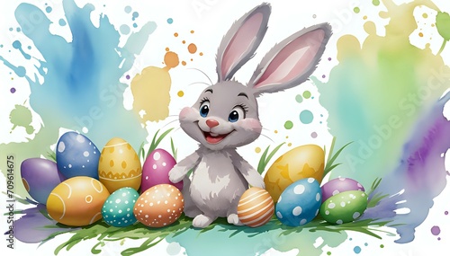 Smiling easter bunny with easter eggs. Cartoon style