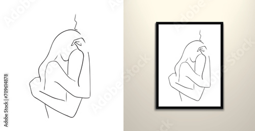Couple hugs together line art drawing design idea