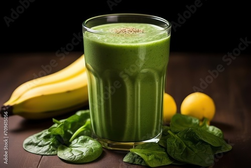 a green smoothie in a glass next to a banana and some spinach leaves on a brown wooden table.