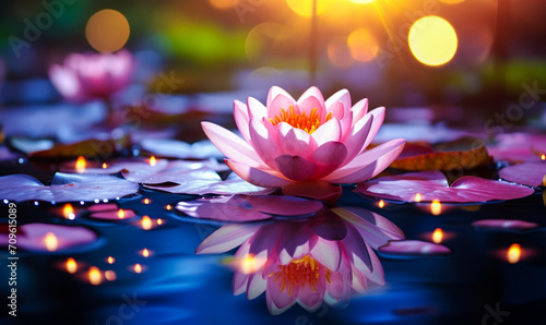 Ethereal Pink Lotus Flower Blooming Serenely on Tranquil Water with Vibrant Bokeh Lights, Symbolizing Peace, Purity, and Spiritual Awakening