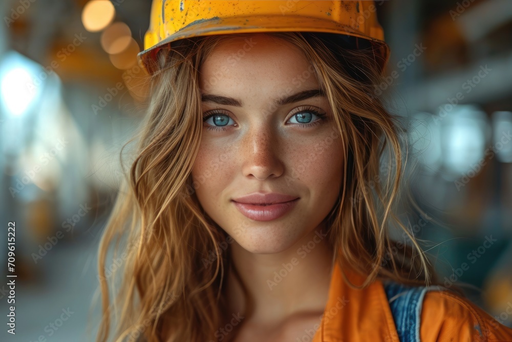 beauty happy smiling professional engineer with helmet in the factory beauty happy smiling professional engineer with helmet in the factory