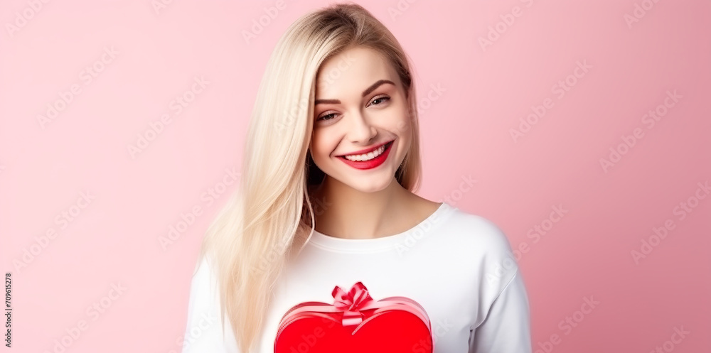 happy handsome caucasian woman holds red and pink gift box, valentine's day, pink background happy handsome caucasian woman holds red and pink gift box, valentine's day, pink background