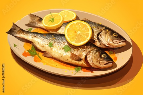  two fish on a plate with slices of lemon and parsley on the side of the plate, on a yellow background.