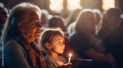 A heartwarming moment as a grandmother and her granddaughter participate in a candlelit service, surrounded by congregants. photo