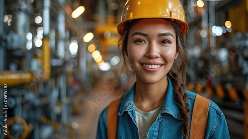 beauty happy smiling professional engineer with helmet in the factory