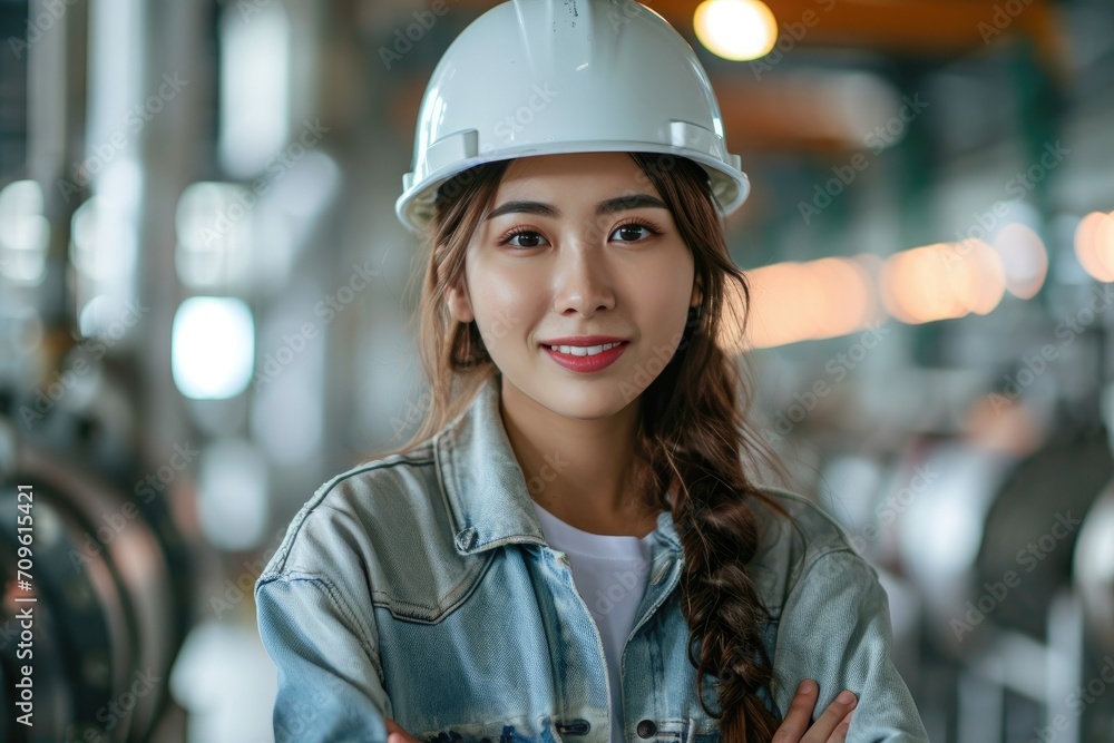 beauty happy smiling professional engineer with helmet in the factory beauty happy smiling professional engineer with helmet in the factory