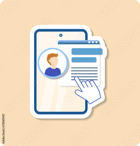 Office management sticker illustration. Man, gear, hand, screen. Editable vector graphic design.
