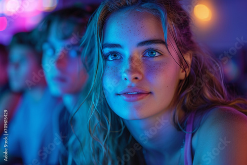 Young girl and teen boy in neon light