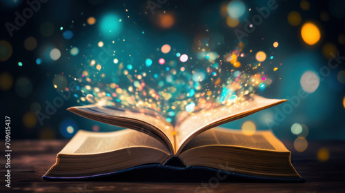 An open book casting a captivating spell with a sparkling bokeh effect, symbolizing the enchanting power of reading.
