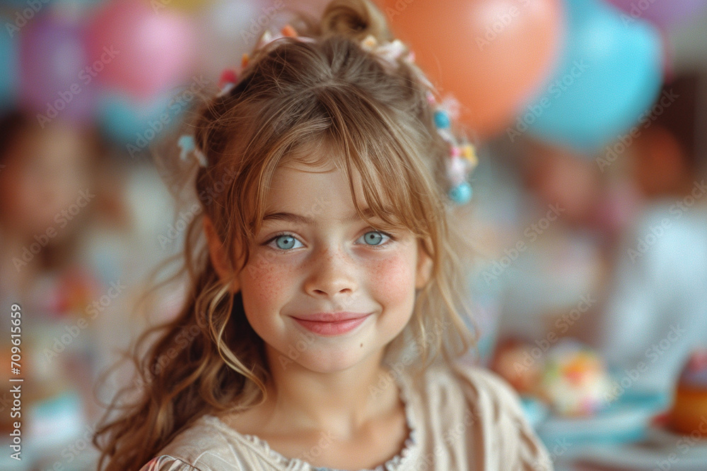 Fototapeta premium Cute little girl in festive hat on birthday holiday
