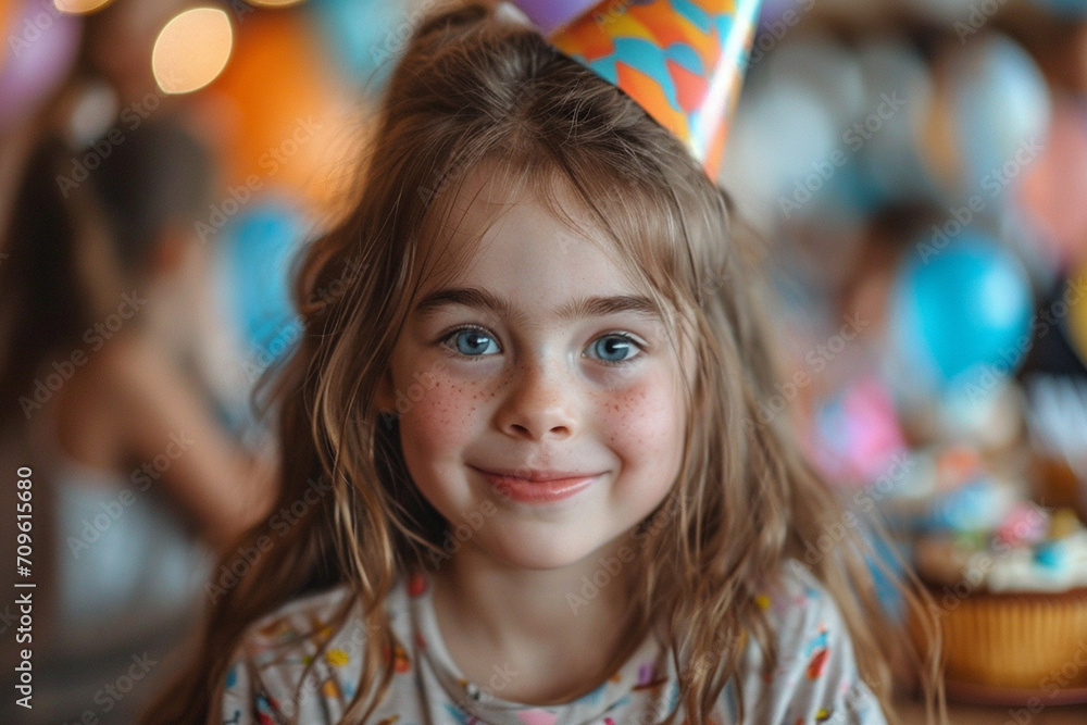 Fototapeta premium Cute little girl in festive hat on birthday holiday