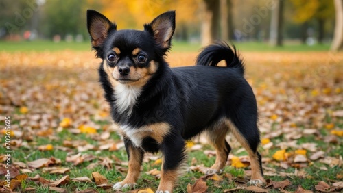 Black and tan long coat chihuahua dog in the park