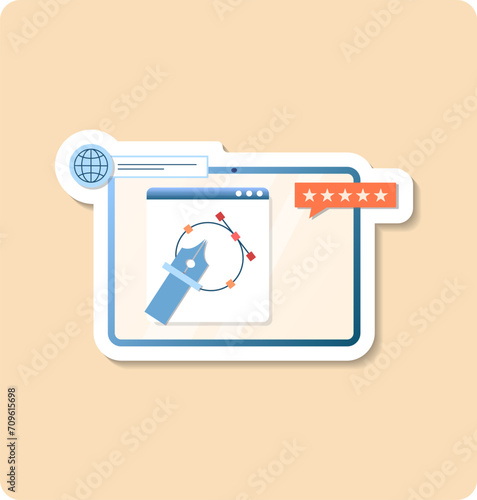 Project management sticker illustration. Pen, gear, stars, screen. Editable vector graphic design.
