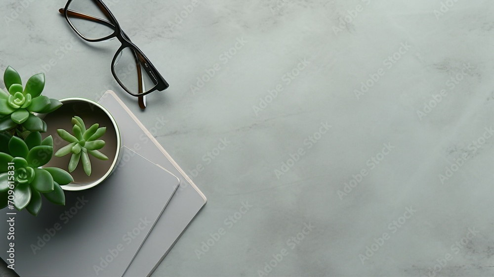 Serene Workspace with Stylish Arrangement: Notebook, Green Plant, Glasses, Coffee Cup, and Black Pen on Grey Background for Minimalistic Office Concept