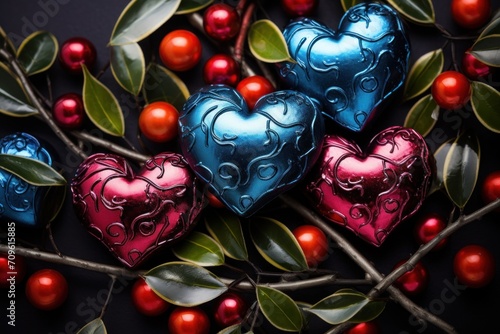  three blue and pink heart shaped ornaments sitting on top of a tree branch next to berries and a twig.