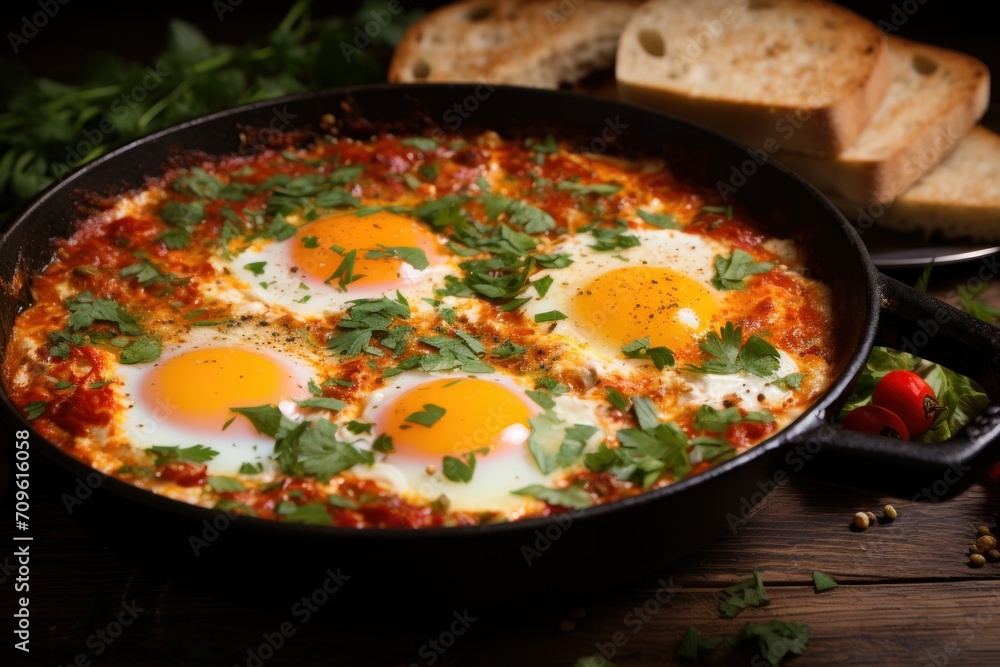 a skillet filled with eggs and garnished with parsley next to slices of bread on a wooden table. a skillet filled with eggs and garnished with parsley next to slices of bread on a wooden table.