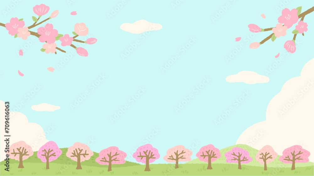 Spring-inspired landscape background frame of cherry blossoms and cherry blossom trees, cute simple hand-drawn illustration / 春をイメージした桜と桜並木の風景の背景フレーム、かわいいシンプルな手描きイラスト