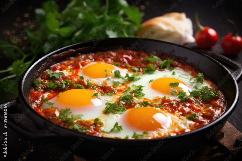  a skillet filled with eggs and garnished with parsley on a wooden cutting board next to bread and tomatoes.
