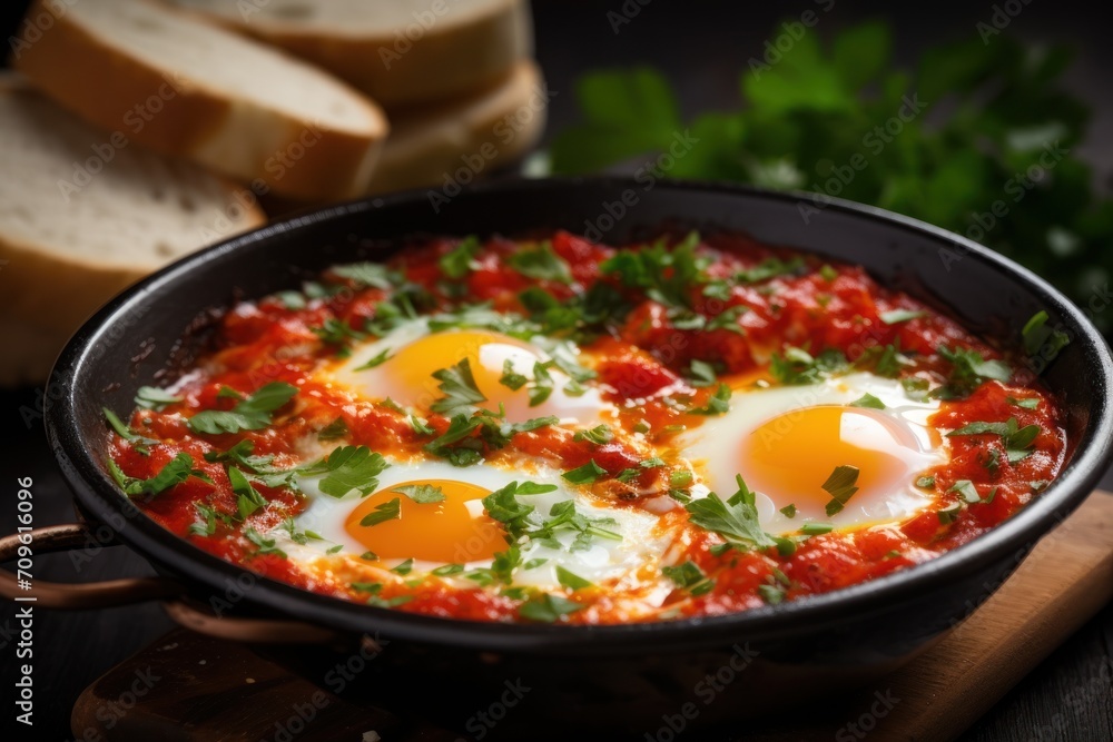  a skillet filled with eggs and garnished with parsley on a cutting board next to sliced bread.
