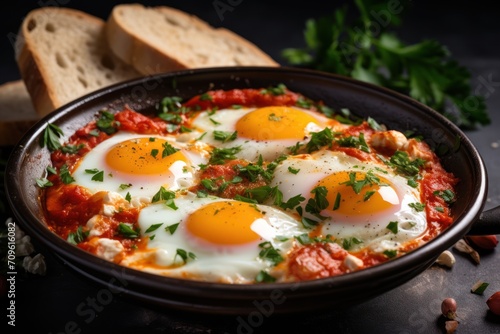  two fried eggs are in a pan with tomato sauce and parsley on top of bread and parsley on the side.
