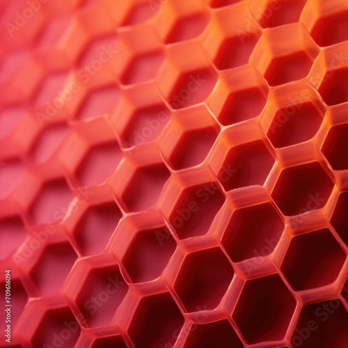  a close up of a hexagonal pattern of red  orange  and pink colors with a blurry background.