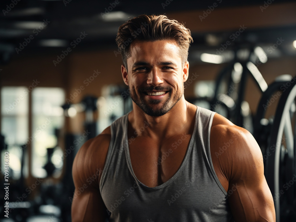 Handsome young man with tight muscles exercising in the fitness center. Generative Ai Handsome young man with tight muscles exercising in the fitness center. Generative Ai