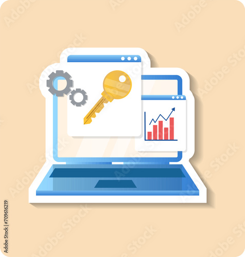 Key management sticker illustration. Laptop, gear, screen, chart, arrow. Editable vector graphic design.