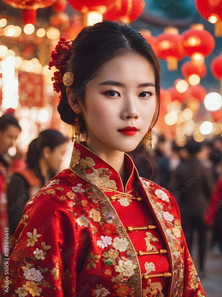 Chinese Young Woman Celebrating New Year. Generative AI