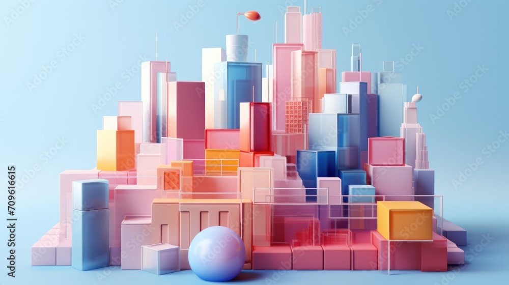  a 3d rendering of a cityscape with a ball in the foreground and a building in the background.
