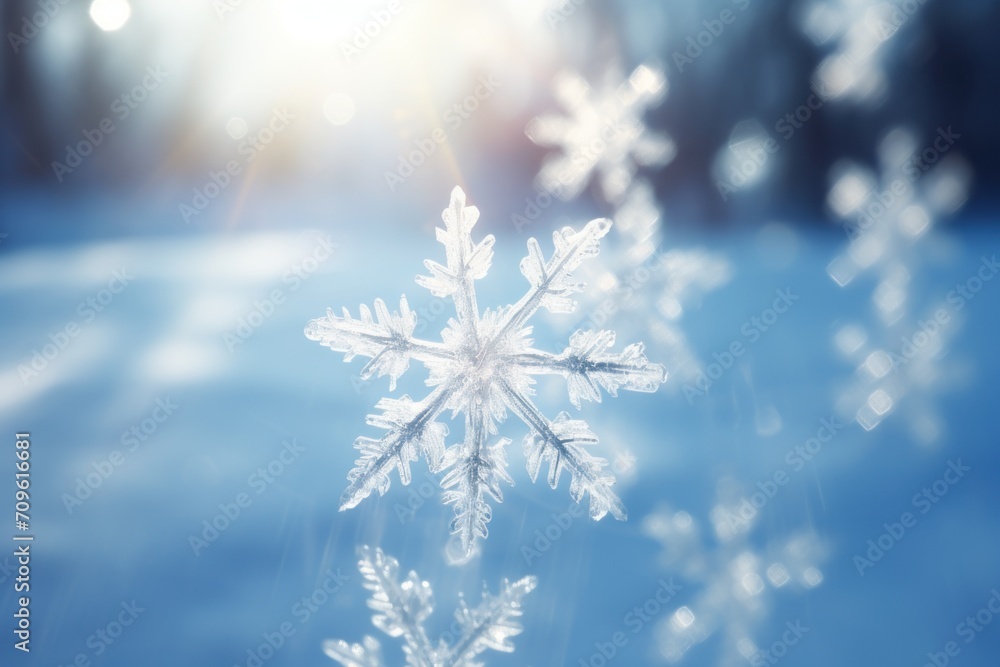 a close up of a snowflake with the sun shining in the background and a blurry image of snow flakes in the foreground. a close up of a snowflake with the sun shining in the background and a blurry image of snow flakes in the foreground.