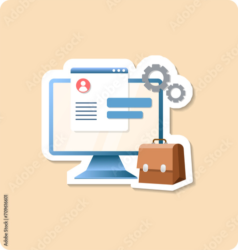 Brand management sticker illustration. Monitor, gear, page, briefcase, plant. Editable vector graphic design.