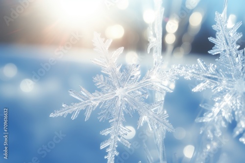  a close up of a snowflake on a blue background with a blurry image of snow flakes.
