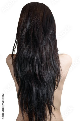 Back view of a caucasian woman with long black hair.