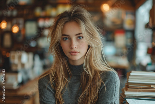 Portrait of young teenager girl in library