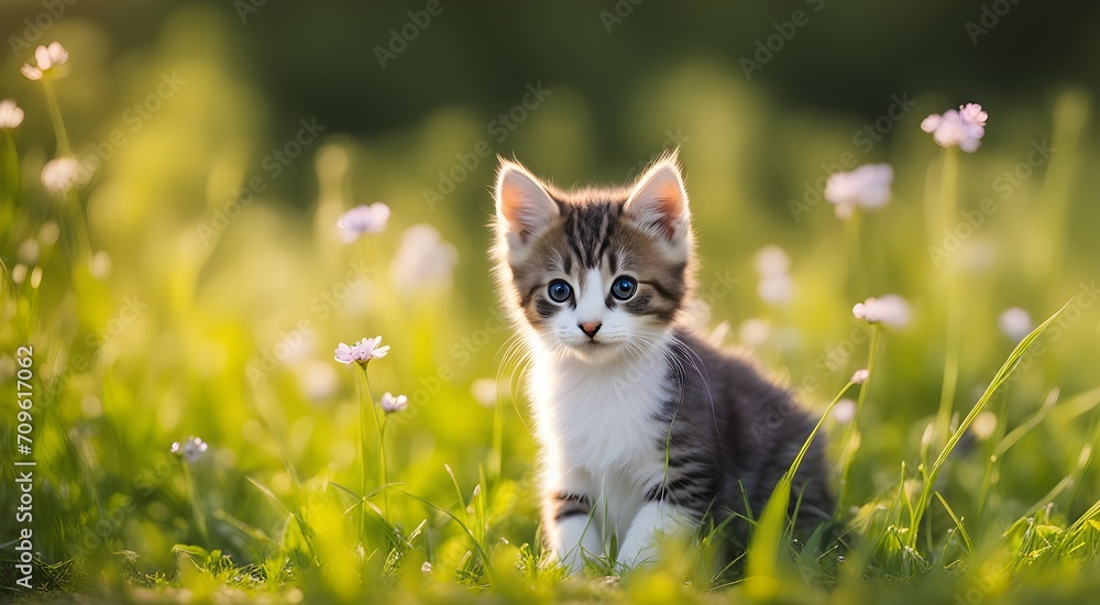 Small fluffy kitten in the grass with small flowers
