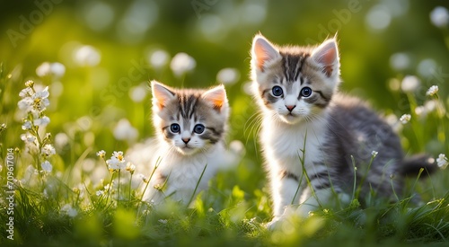 Cute fluffy kittens in the grass with small flowers photo